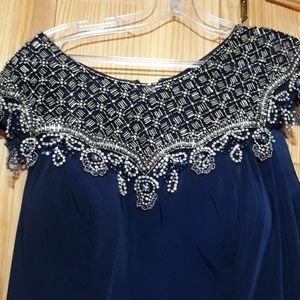 JVN BY JOVAN blue satin & silver beaded top dress